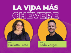Two guest photos side by side on a dark purple background with LA VIDA MAS CHEVERE superimposed