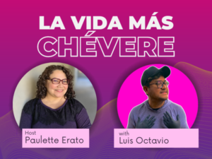 Two guest photos side by side on a pink and purple background with LA VIDA MAS CHEVERE superimposed