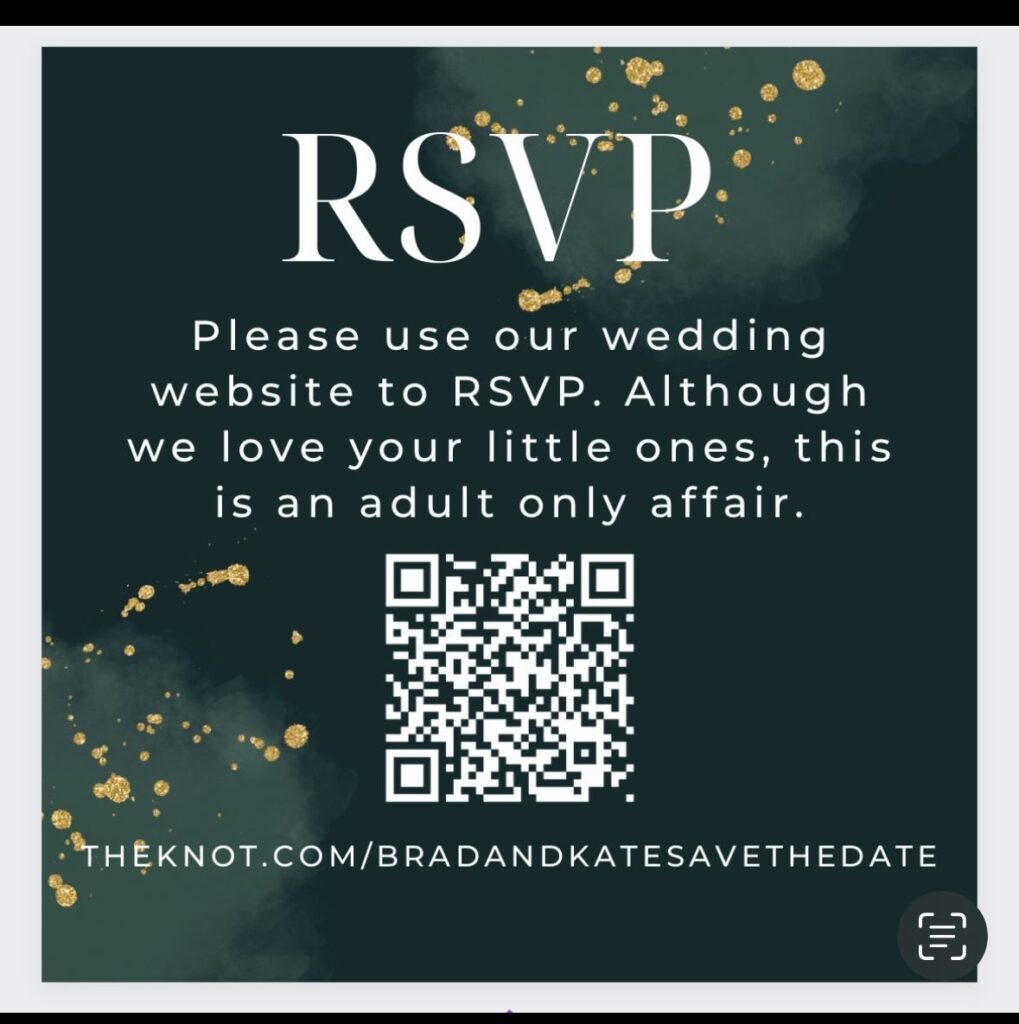 White text on a green and gold background from Kushed Kate: RSVP Please use our wedding website to RSVP. Although we love your little ones, this is an adult only affair.