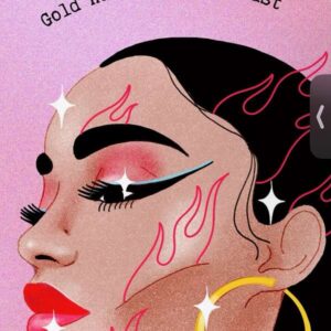 Illustration of a Latina woman with her hair pulled back and strong eyebrows drawn in. Her winged liner is turquoise and black, her lipstick bright red. A large gold hoop hangs off her earlobe as flames and sparkles radiate off her face against a pink background