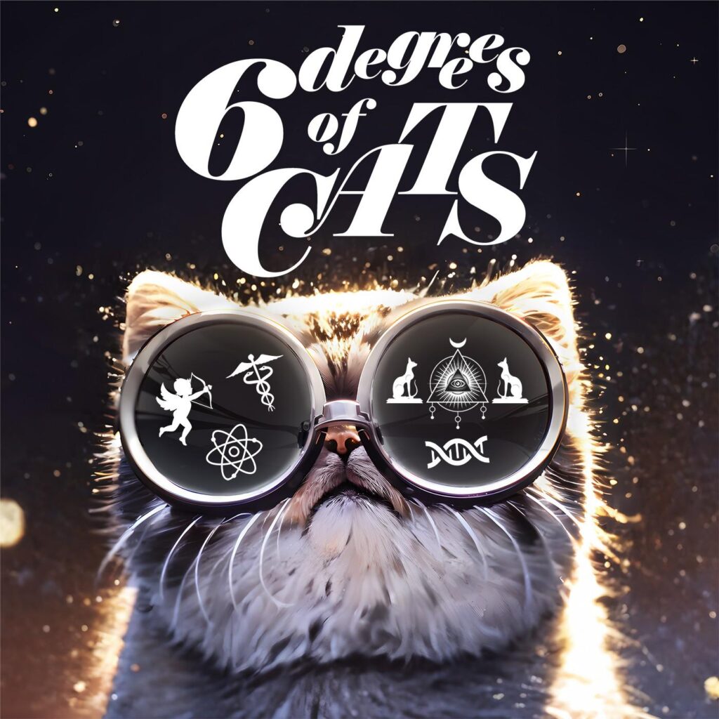 A fluffy cat wearing large round glasses with a background that looks like outer space. Large bold text above the cat's head reads 6 degrees of Cats