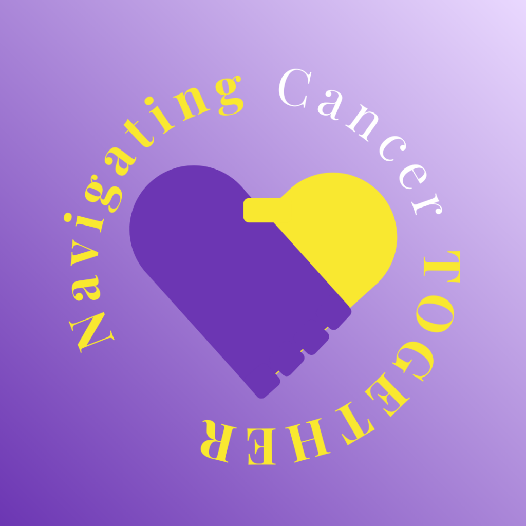 A purple backgroud with a heart stylized from a purple hand holding a yellow hand. In a circle around the heart are the words Navigating Cancer TOGETHER